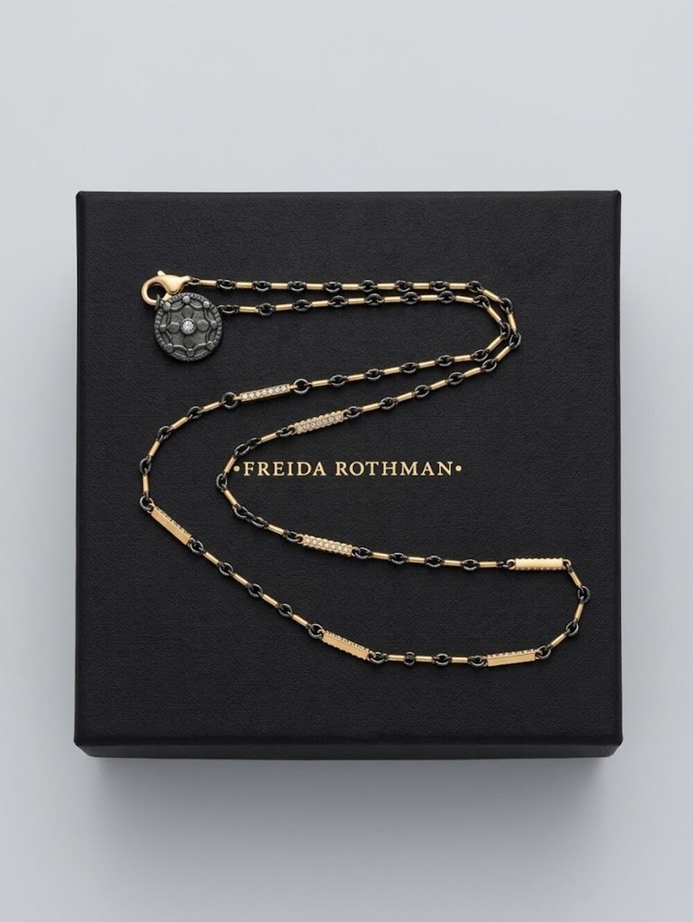 NIB Freida Rothman Triple Chain Necklace with Black and Gold Accents